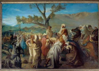 Orientalisme : « Un caïd visitant un douar » Chef marocain dans un campement de tentes. 1849