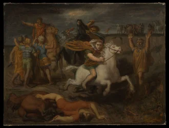 Scène des guerres gauloises : le Gaulois Littavicus, trahissant la cause romaine, fuit à Gergovie pour soutenir Vercingétorix