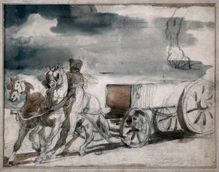 Chariot de munitions tiré par deux chevaux