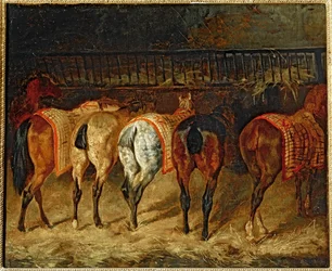 Cinq chevaux vus par la croupe, dans une ecurie - Five horses seen from behind in a stable (oil on canvas)