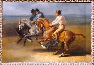 Course de chevaux montes, allant à gauche, au moment du depart - Horse race ...
