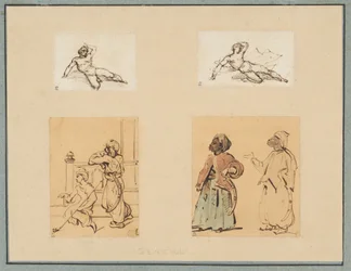 Quatre dessins : deux nus masculins allongés et deux études de personnages ottomans
