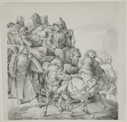 Chariot Tiré par des Chevaux Plein de Soldats Blessés, lithographie par C. Motte