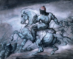 Scène de la guerre coloniale : une personne noire sur un cheval cabré