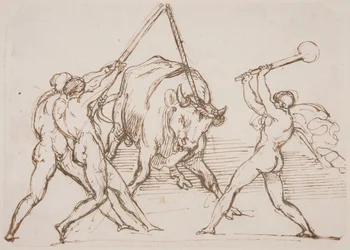 Trois hommes qui narguent un taureau