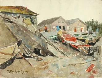 Sécher des couvertures sur des canoës, vers 1890-1914