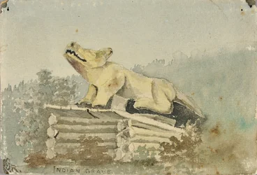 Tombe indienne. Totem de loup sur la tombe du guérisseur, Wrangell, vers 1880-1914