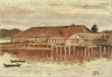 Bâtiments du poste de traite et du quai, Sitka, soirée