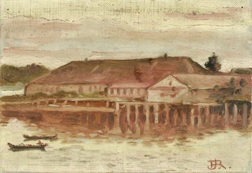 Poste de traite et bâtiments du quai, Sitka, soir, vers 1880-1914