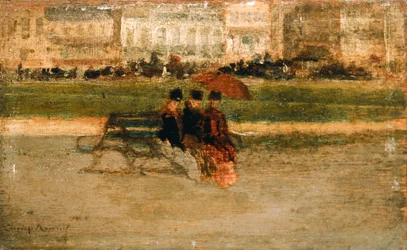 Dames assises sur une plage de Cannes (huile sur carton)
