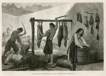La préparation de la castradina, spécialité de viande de mouton et de chèvre salée et boucanée, vers la fin du mois d