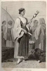 Femme de Sebenico (Serbie), utilisant des fuseaux pour filer la laine, sur la place du marché. Gravure d
