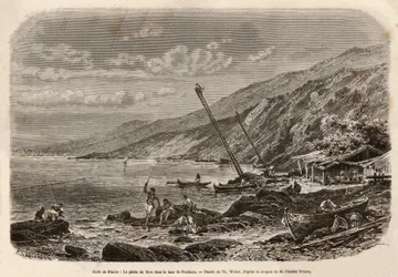 Pêche au thon dans la baie de Proelucca (golfe de Fiume ou Rijeka, Istrie). Gravure pour illustrer une histoire sur la Dalmatie