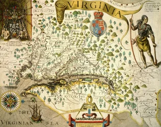 Carte de Virginie, montrant en haut à gauche une image du chef Powhatan par John Smith (1580-1631) 1624