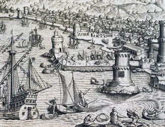 Arrivée de Girolamo Benzoni au port de La Palma, gravure de Historia Americae, par Theodor de Bry (1528-1598), Francfort