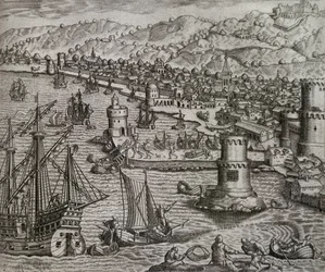 Arrivée de Girolamo Benzoni dans le port de Las Palmas lors de son voyage en Amérique (1541), Îles Canaries, gravure de Theodor de Bry (1528-1598)
