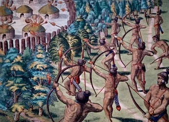 Attaque sur un village avec des flèches enflammées, gravure de la Narratio In Floridae