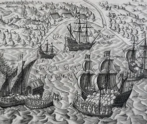 Bataille devant la ville de Matical dans la baie du Bengale, gravure de Indiae Orientalis, par Theodor de Bry (1528-1598)