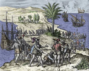 Christophe Colomb et son frère arrêtés par Francisco de Bobadilla en 1500. Gravure de Théodore de Bry (1528-1598).