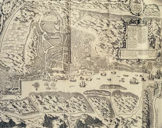 Ville de Goa en Inde, gravure de Theodor de Bry (1528-1598) du récit de voyage du marin Jan Huyghen van Linschoten en Inde portugaise 1579-1592), 16ème siècle