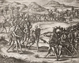 Description des crimes infligés aux Indiens par les colons espagnols - Indiens apportant des cadeaux et de l