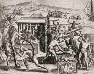 Description des crimes infligés aux Indiens par les colons espagnols - Les conquistadors espagnols faisant travailler les Indiens et les maltraitant - Indiens anthropophages - Gravure de Théodore de Bry dans "Narratio regionum indicarum per Hispanos quosda