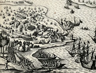 Expédition hollandaise le long de la côte du Mozambique, gravure tirée de India orientalis par Theodor de Bry (1528-1598)