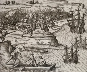 Combat entre Christophe Colomb et Francesco Poresio en Jamaïque, gravure de Theodor de Bry (1528-1598)