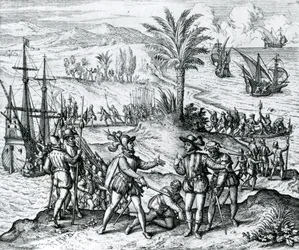 Francisco de Bobadilla arrivant comme gouverneur et arrêtant Christophe Colomb (1451-1506) à Hispaniola, 1500, 1590