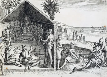 Roi recevant des visiteurs européens, Cap Lopez, Gabon, gravure de India orientalis par Theodor de Bry, Afrique