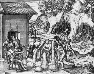 Exploitation minière en Amérique centrale et du Sud, gravure de Americae pars V, par Theodor de Bry