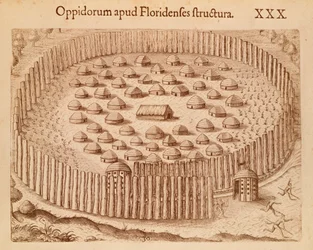 Village indigène en Floride, illustration de The Discourse of Florida par Theodore de Bry
