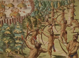 Attaque nocturne sur un village indien avec des flèches enflammées