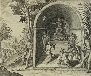 Navigateurs portugais arrivant en Éthiopie, Illustration de Indiae Orientalis par Antonio Pigafetta