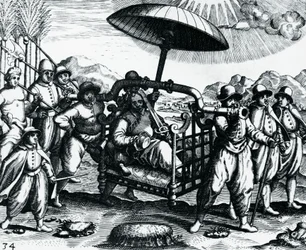 Portugais en Inde, transportés en litière, gravure tirée de Peregrinationes, par Theodor de Bry (1528-1598), Inde