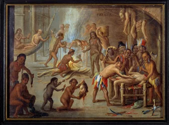 Scène de cannibalisme au Brésil en 1644 (les Indiens dévoraient leurs ennemis et prisonniers)