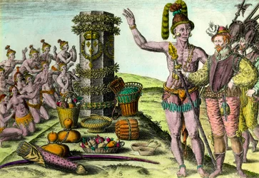 Les Floridiens sont venus à la colonne érigée par le navigateur français Jean Ribault (1520-1565) de la première expédition en Floride Gravure de l