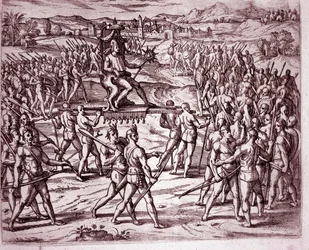 Le roi inca Atahualpa (ou Atabaliba), tenant un sceptre en forme de soleil, est porté sur une litière pour rencontrer Francisco Pizarro