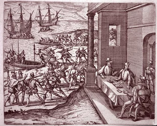 Les conquistadors espagnols Francisco Pizarro, Diego de Almagro et Hernando de Luque unirent leurs forces pour conquérir le Pérou (gravure)