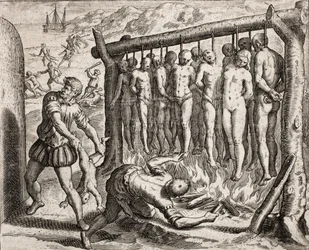 Treize victimes pendues et brûlées, représentation des crimes infligés aux Indiens par les colons espagnols dans "Narratio regionum indicarum per Hispanos quosdam devastatarum verissima" par Bartolomé de las Casas (gravure)