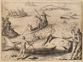 Chasse à la baleine près de Spitsbergen, gravure de Theodor de Bry (1528-1598) de India Orientalis (Inde Orientale)