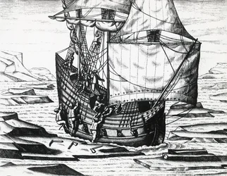 Navire de William Barents lors de la troisième expédition néerlandaise à la recherche du Passage du Nord-Est, par Theodor de Bry, gravure