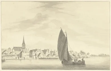 Le village de Gouderak avec un bateau à voile au premier plan