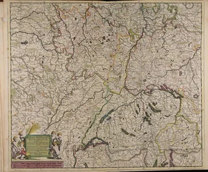 Accuratissima Rheni superioris Mosae et Mosellae tabula ac minores in eosdem in fluentes fluvii cum omnibus adherentibus regionibus sicut archiepiscopatus et electoratus Moguntini et Palatinatus Rheni Lotaringiae Helvetiae Alsatiae Sueviae et comitatus Bur