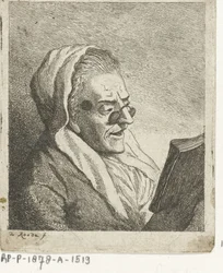 Vieille femme lisant avec pince-nez