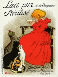 Alimentation et boissons. Lait de Vingeanne. Petite fille avec des chats. Affiche par Steinlen, France, vers 1890