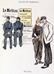 Fille et Marlou : un souteneur et une prostituée derrière deux policiers. Dans « En Vie » par Steinlen