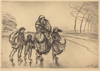Sous la pluie : la mère et les enfants
