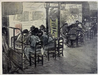 Sur la terrasse du café (Sur la vitrine est écrit « Absinthe 15 », « Pernod 20 »)
