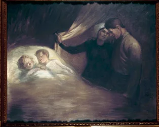 Les pauvres gens Un couple de parents de conditions modestes chuchotent en regardant leurs enfants endormis. Peinture de Théophile Alexandre Steinlen (1859-1923). 1903 Paris, maison Victor Hugo